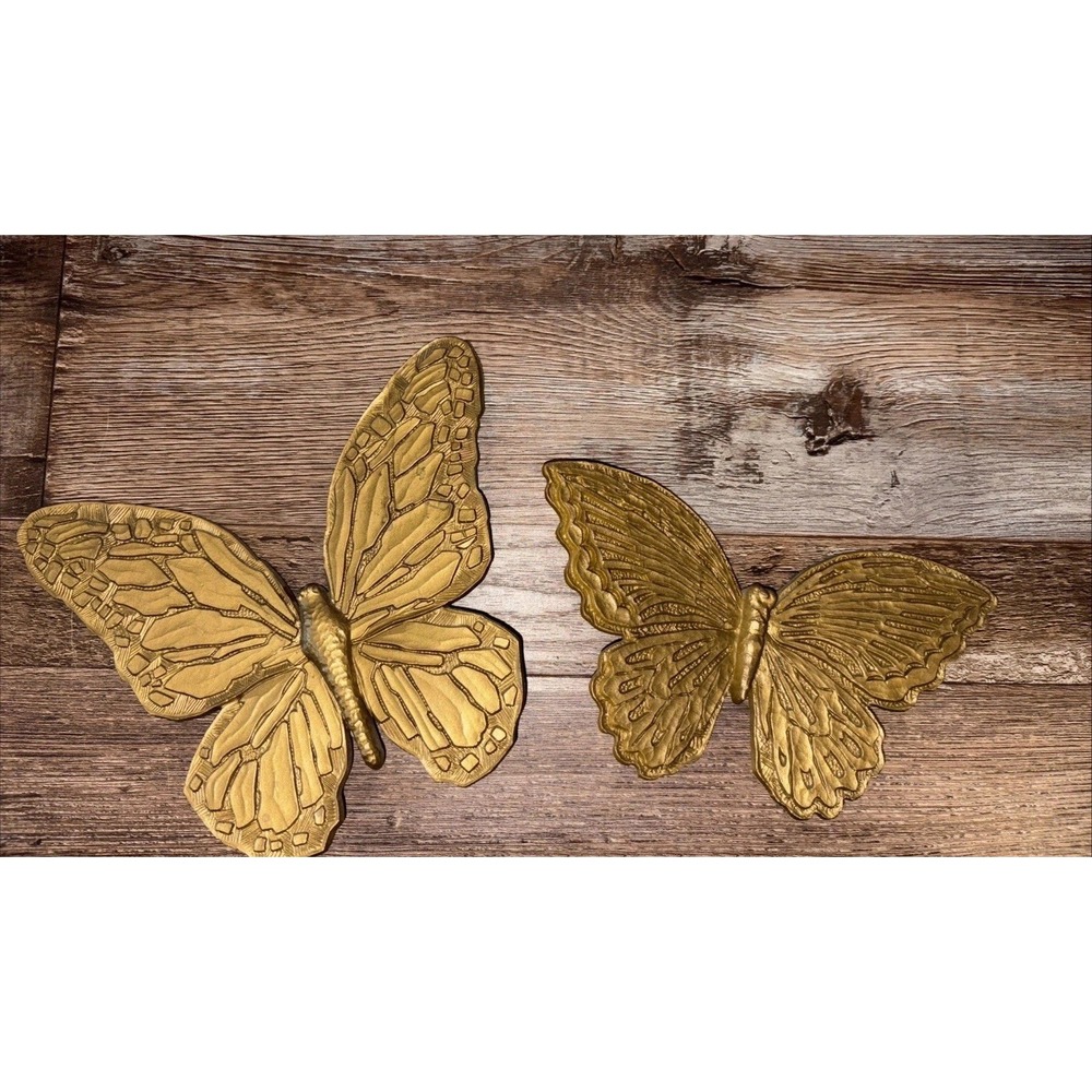 2 Vintage HOMCO Gold tone Butterflies Plastic Hanging Wall Art Decor MCM 1971